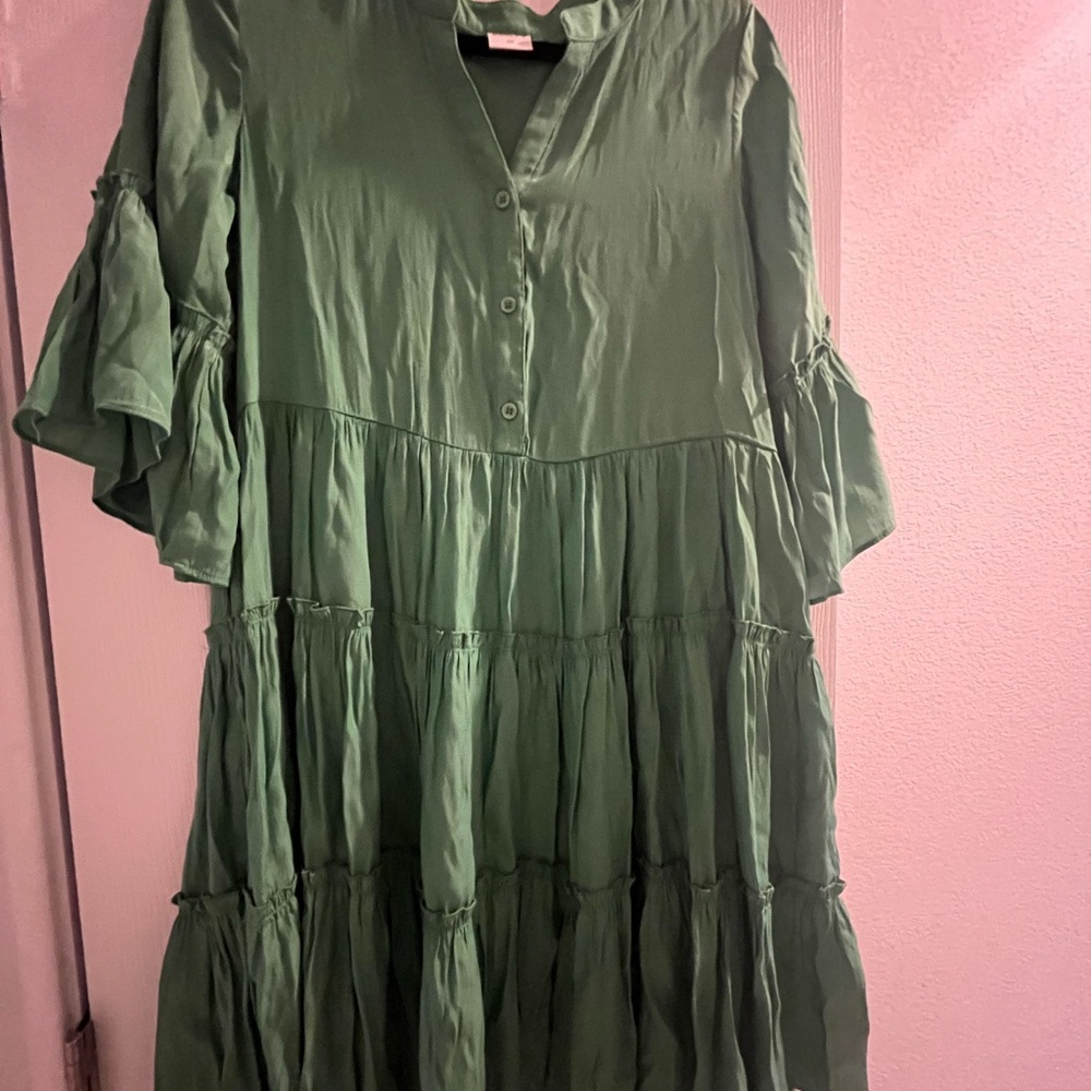 Olive Green Tiered V-Neck Midi Dress